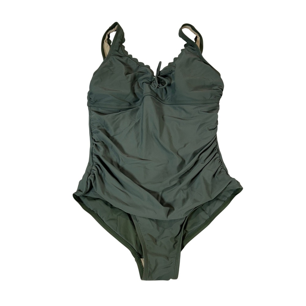 Merona Olive Green Scalloped Ruched One Piece Swimsuit Large Tie Front Cutout